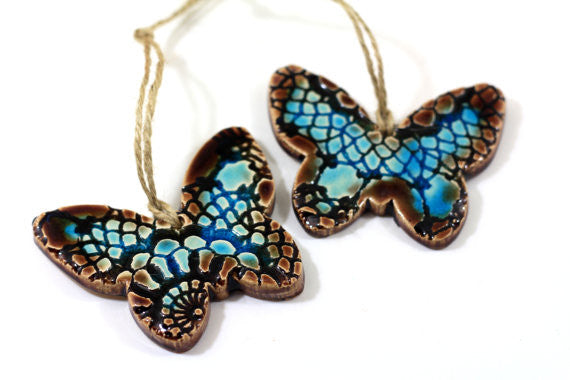 Butterfly ornament Room decor Brown and aqua butterfly ornament Holidays decor Wall hanging - Ceramics By Orly
 - 1
