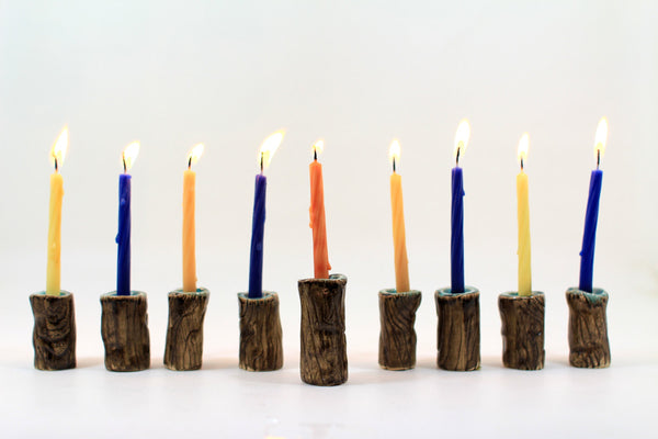 Branches Ceramic Hanukkah Menorah in brown and turquoise