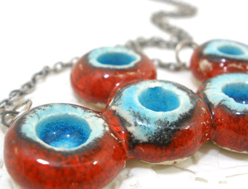 OOAK red and turquoise ceramic necklace