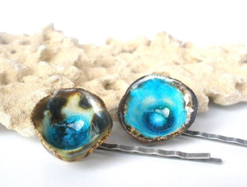 Turquoise Hair pins One of a kind turquoise and brown ceramic jewelry hair pins