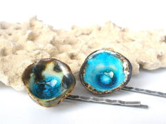 Turquoise Hair pins One of a kind turquoise and brown ceramic jewelry hair pins - Ceramics By Orly
 - 2